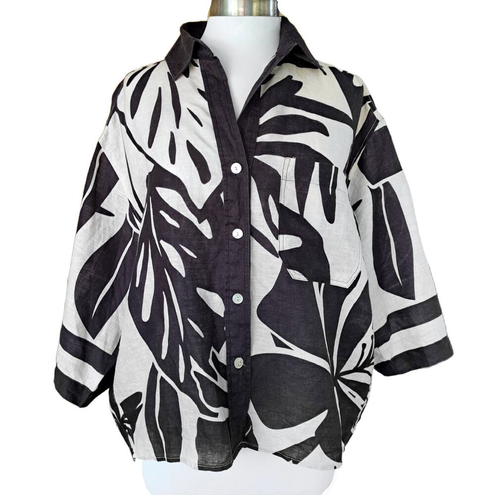 MAGASHONI 100% Linen Oversized Button Up Top Medium Black Ivory Floral Graphic